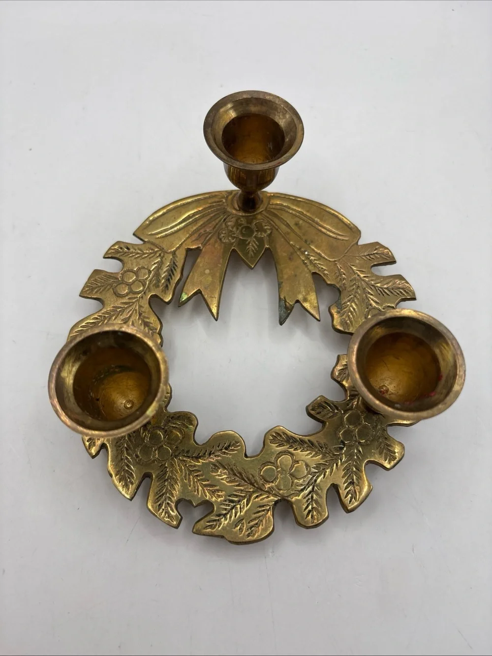 Brass Holiday Wreath Triple Candle Holder